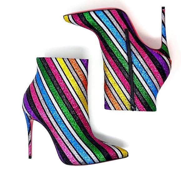 Christian Louboutin So Kate Glitter Multicolor Striped Heeled Boots - Picture 1 of 14